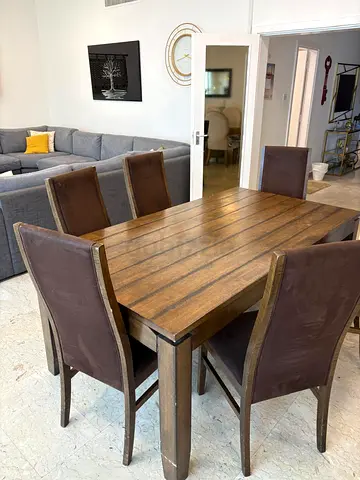 Solid Wood Dining Table with 6 Upholstered Chairs - Good Condition
