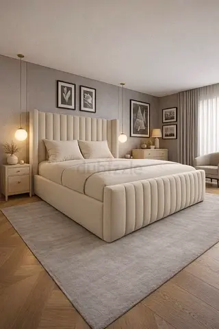 Beige Upholstered King Bed with Padded Headboard