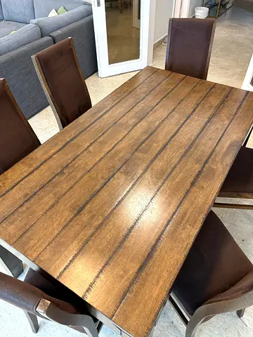Solid Wood Dining Table with 6 Upholstered Chairs - Good Condition