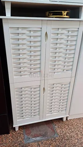 White Wicker-Style Storage Cabinet - 4 Door, Compact