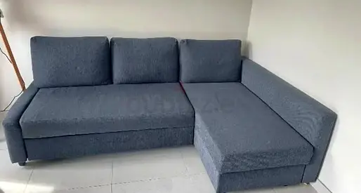 L-shaped 3-Seater Grey Fabric Sofa with Storage Chaise — Good Condition