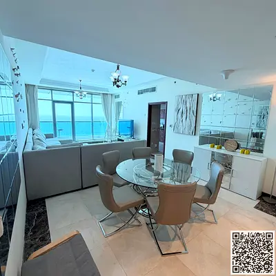 Sea view three-bedroom duplex apartment for monthly rent 🏡 in Corniche Residence Towers, Ajman ✅ Gym, pool, and parking 💎 Largest spaces in Ajman