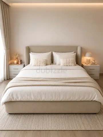 King size upholstered bed with headboard and base (neutral beige)