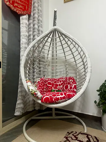 White Rattan Hanging Egg Chair with Cushions - Good Condition
