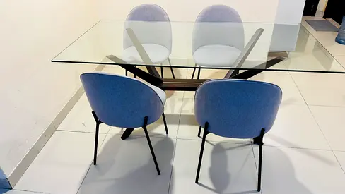 Glass Top Dining Table with 4 Upholstered Chairs - Modern Set