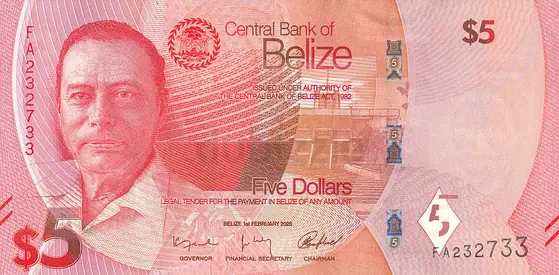 BELIZE 5 DOLLARS BANKNOTE 2025