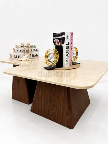 Modern Marble-Top Coffee Table with Walnut Pedestal Base