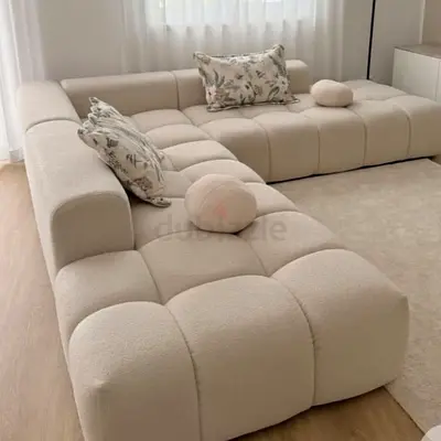 Modern Modular Beige Bouclé 4 seater Sectional Sofa - L-Shaped, Cushioned Design