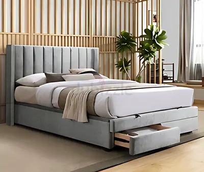 Queen Upholstered Bed Frame with Underbed Storage Drawers - Light Grey