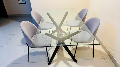 Modern Glass Dining Table with 4 Upholstered Chairs