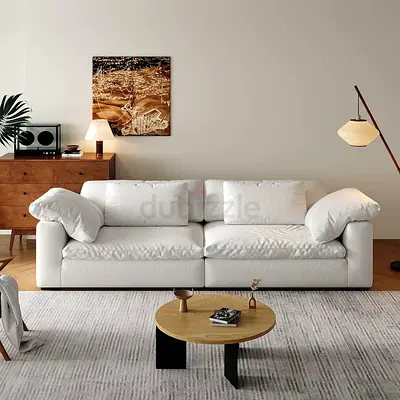 Straight arms white linen 4 seater sectional sofa