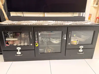 Black Wooden TV Cabinet with Glass Doors and Drawers - Good Condition