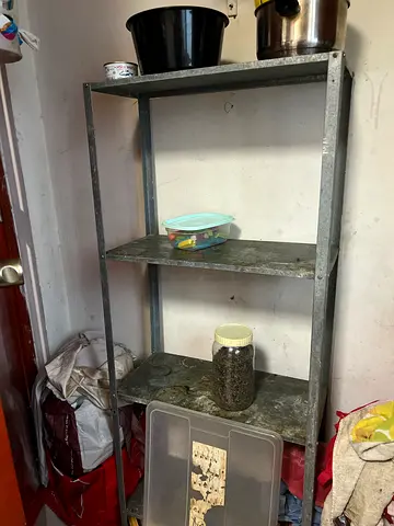 Metal storage shelving unit — 3-tier open shelves, industrial style