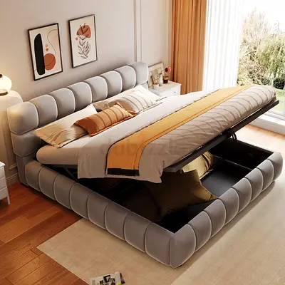 Modern Upholstered Storage Bed with Hydraulic Lift