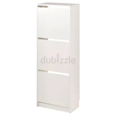 Slim White 3-Compartment Shoe Cabinet / Storage Cupboard