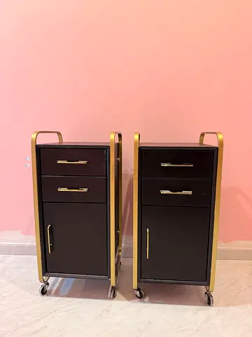 Pair of mobile bedside cabinets with drawer and door - dark wood and gold frame