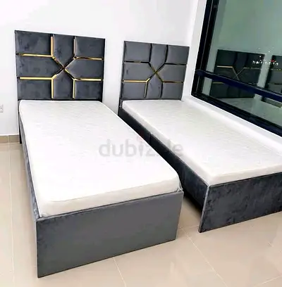 Pair of Grey Velvet Single Beds with Storage Base and Modern Headboards