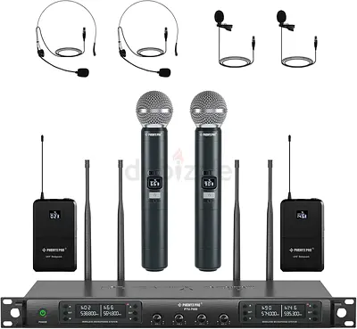 Phenyx Pro 4 Channel Wireless Microphone System with Auto Scan 4x40 UHF 2 Dynamic Microphones Handhe