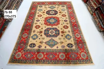 Handmade afghan Wool Kazak Rug - 270 x 375 cm, Cream  Red Traditional Design living room rug