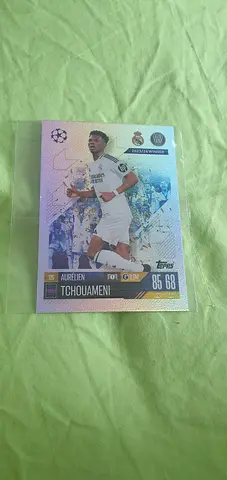 Signed football trading card of Tchouameni in protective sleeve