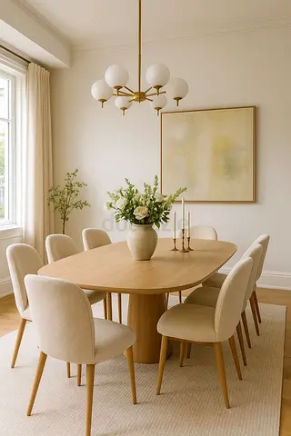 Oak Dining Table with 8 Upholstered Chairs — Light Beige Set