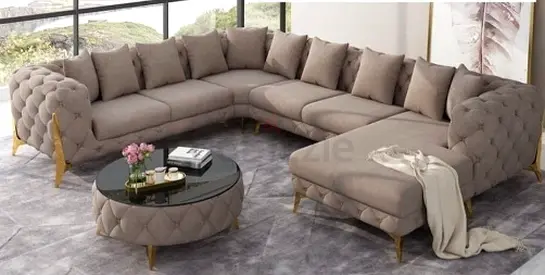 Large L-shaped Tufted Fabric Corner Sofa with Ottoman - Beige/Grey