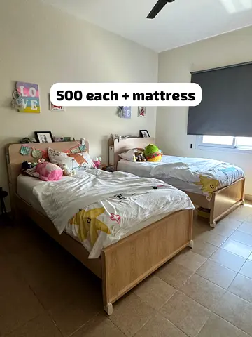 Pair of Single Wooden Bed Frames with Headboards (Each with Mattress) - Oak Finish. ONLY CASH!!!