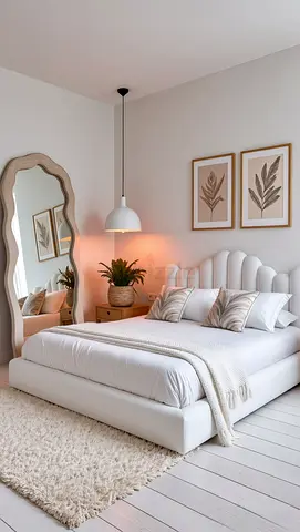 White upholstered platform bed with scalloped headboard - modern minimal