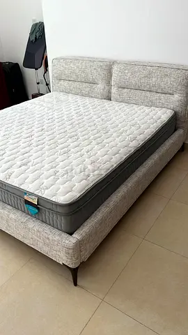 Queen fabric bed frame with mattress - light grey, good condition