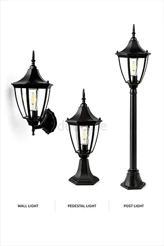 Outdoor Black Classic Post, Wall  Pedestal Lamp Set