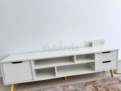 White TV Entertainment Unit with Drawers and Open Shelves