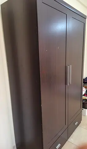 Wardrobe 2 Door dark Brown Hanging bar Large Storage with Bottom Drawers - Neat  Clean
