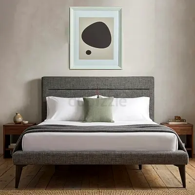 Gray linen upholstered king platform bed