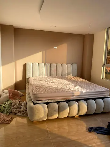 Plush Upholstered queen Bed with Padded Headboard — Light Grey