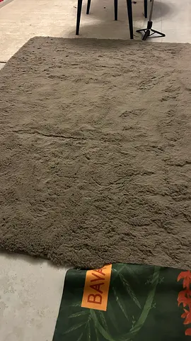 Soft shaggy solid-color area rug — neutral taupe, good condition