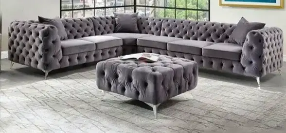 Large Grey Tufted L-Shaped Corner Sofa with Matching Ottoman