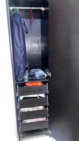 Slim Black Wardrobe with 5 Drawers and Hanging Rail - Good Condition