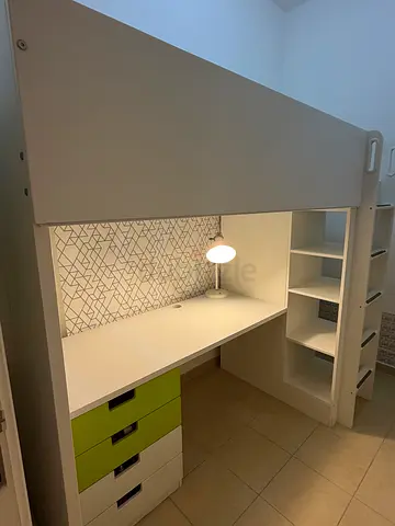 Really excellent condition IKEA loft bed with desk, shelves, mattress, and mattress cover 2yrs