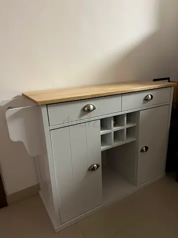 White Kitchen Island Cabinet with Wooden Top and Storage