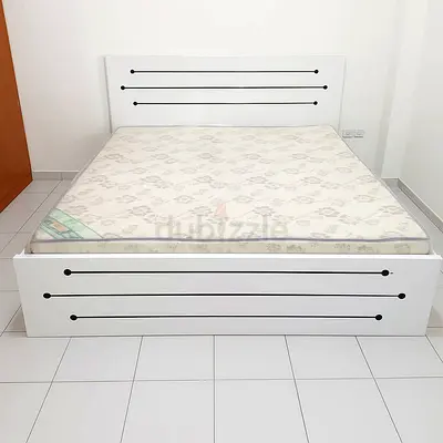 White Wooden Double Bed Frame with Headboard and Mattress