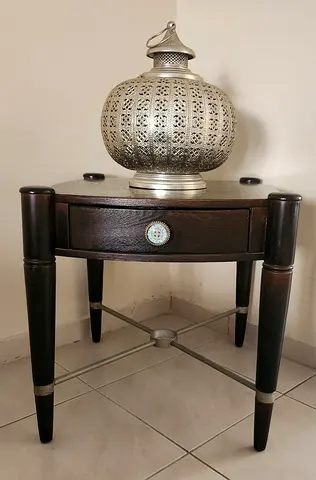 Dark Wood Round Side Table with Decorative Drawer