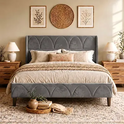 Arcade texture queen Gray velvet bed frame