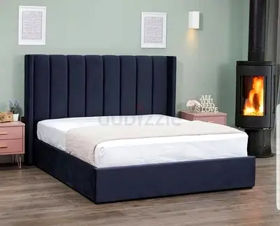 Dark Blue Upholstered King Bed Frame with Tall Channel-Tufted Headboard
