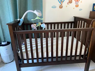 Pottery barn- Solid Wood Baby Crib with Mattress - Dark Brown, Good Condition