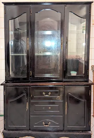 Solid Wooden China Cabinet / Display Hutch - Black, 3 Glass Doors