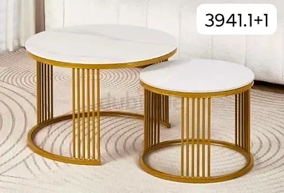 Set of 2 Round Marble-Top Nesting Coffee Side Tables with Gold Metal Base-3941