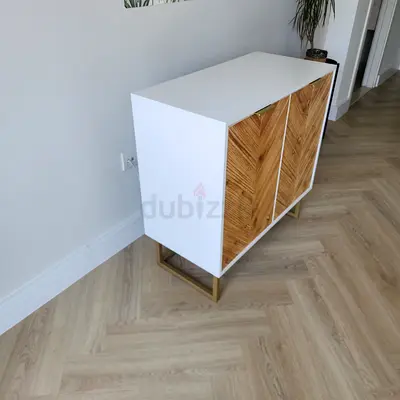 White and Wood Sideboard Cabinet with Chevron Doors 80cm by 80cm by 40cm