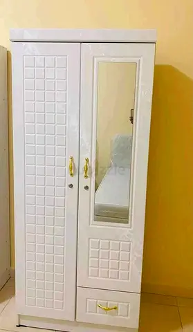 White Two-Door Wardrobe with Mirror and Drawer - Good Condition