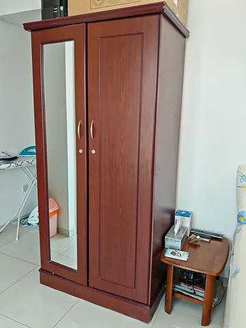 Used 2-Door Wooden Wardrobe with Mirror - Good Condition