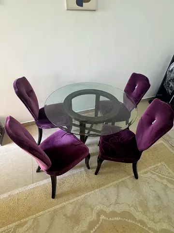 Glass Top Dining Table with 4 Velvet Purple Chairs - Good Condition
